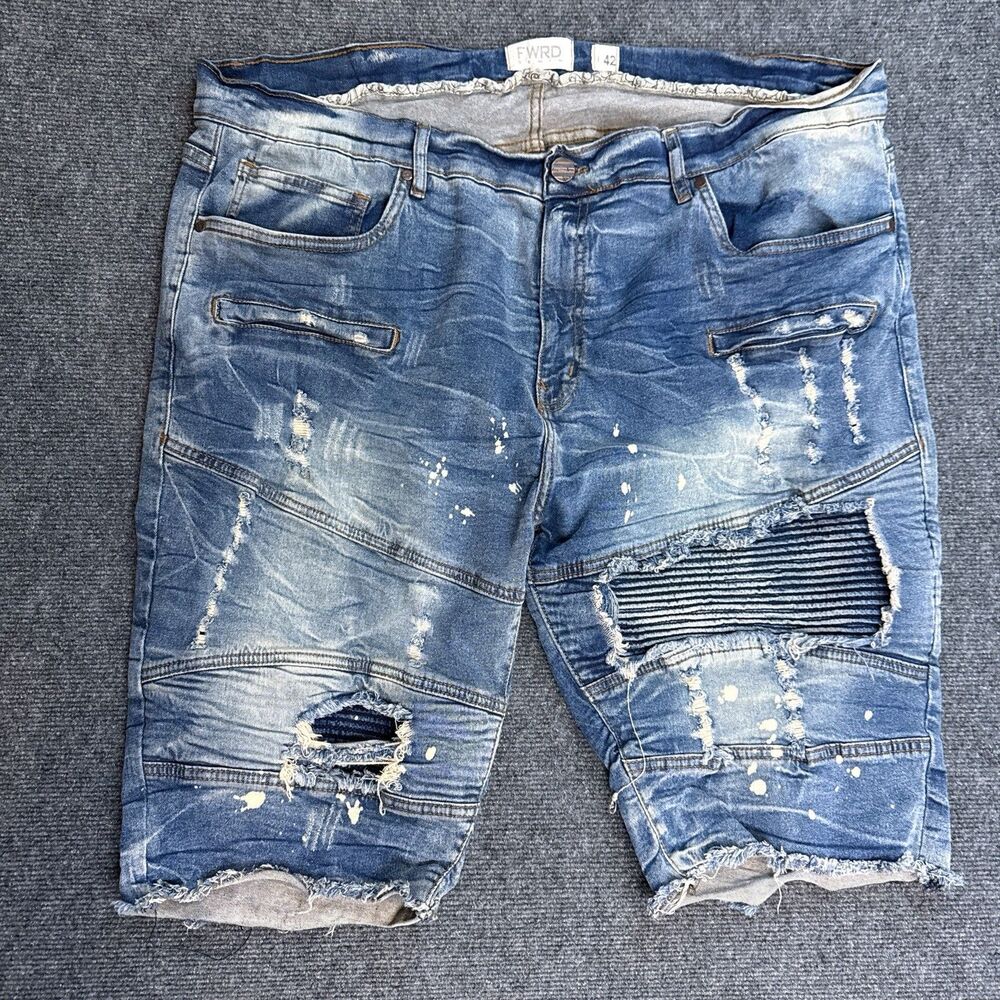 Premium FWRD Denim Shorts Medium Wash Ripped Distressed Streetwear 42